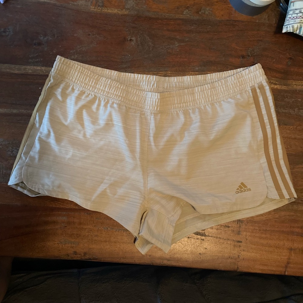 XL adidas running shorts, cream/tan color, 3in inseam, 19in across elastic, NWOT